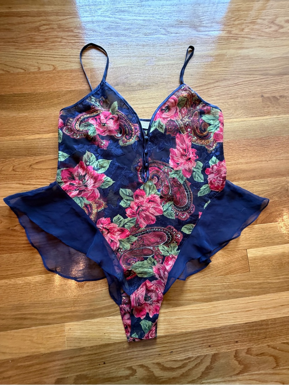Victoria's Secret Navy Floral Lace-Up Bodysuit with Pink Accents